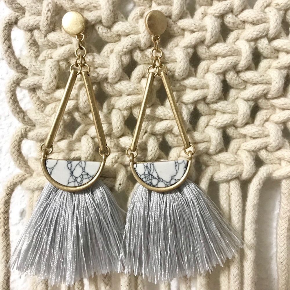 Gray Tassel Marble Stone Statement Earrings - Picture 4 of 4